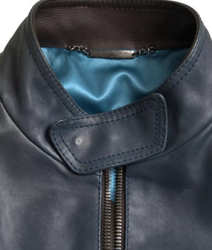 Dolce &amp; Gabbana Blue Leather Full Zip Biker Blouson Jacket
