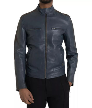 Dolce &amp; Gabbana Blue Leather Full Zip Biker Blouson Jacket