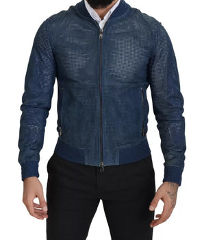 Dolce &amp; Gabbana Blue Leather Perforated Full Zip Jacket