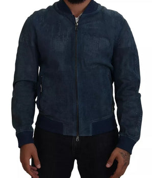 Dolce & Gabbana Blue Leather Perforated Full Zip Jacket