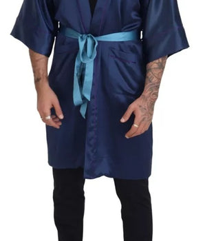Dolce &amp; Gabbana Blue Satin Silk Waist Belt Robe Jacket