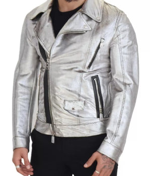 Dolce & Gabbana Silver Leather Biker Coat Lambskin Jacket