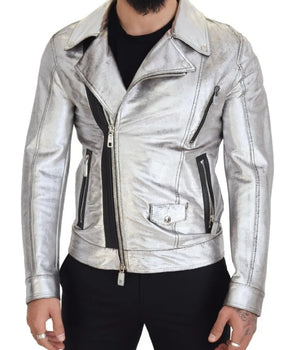 Dolce & Gabbana Silver Leather Biker Coat Lambskin Jacket