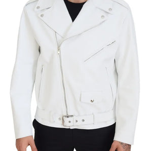 Dolce & Gabbana White Leather Biker Coat Zipper Jacket