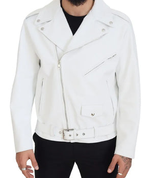 Dolce &amp; Gabbana White Leather Biker Coat Zipper Jacket