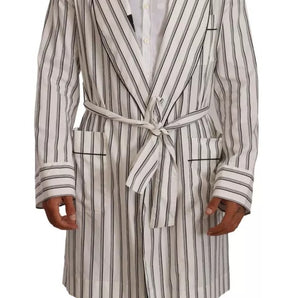 Dolce & Gabbana White Striped Cotton Robe Coat Wrap Jacket