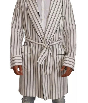 Dolce &amp; Gabbana White Striped Cotton Robe Coat Wrap Jacket