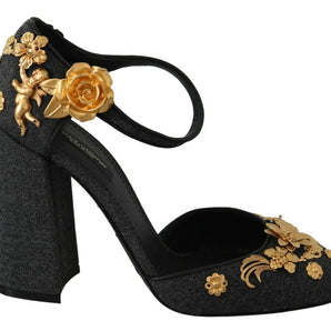 Dolce & Gabbana Black Floral Angel Applique Ankle Strap Pumps Shoes