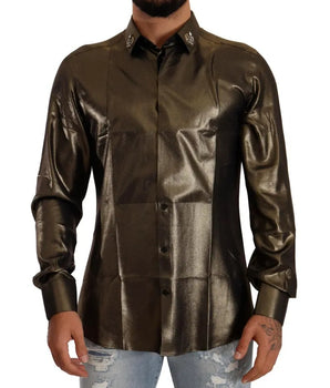 Dolce &amp; Gabbana Metallic Gold DG Embroidered Crown Silk Top Shirt