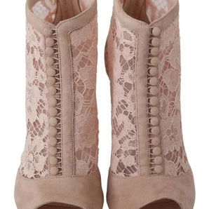 Dolce & Gabbana Beige Lace Suede Peep Toe Ankle Boots Shoes