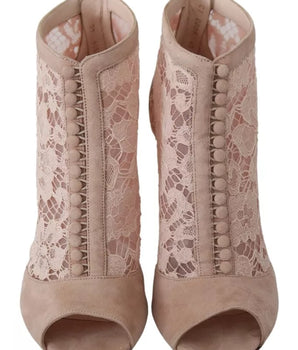 Dolce &amp; Gabbana Beige Lace Suede Peep Toe Ankle Boots Shoes
