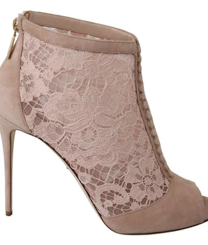 Dolce &amp; Gabbana Beige Lace Suede Peep Toe Ankle Boots Shoes