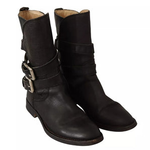 Dolce & Gabbana Black Leather Buckle Mid Calf Boots Shoes