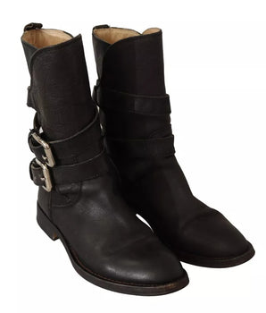 Dolce & Gabbana Black Leather Buckle Mid Calf Boots Shoes