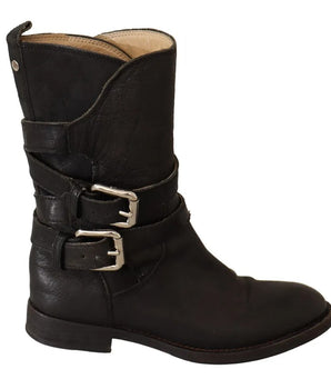 Dolce & Gabbana Black Leather Buckle Mid Calf Boots Shoes