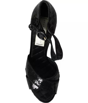 Dolce & Gabbana Black Sequin Ankle Strap Heels Sandals Shoes