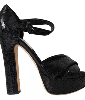 Dolce & Gabbana Black Sequin Ankle Strap Heels Sandals Shoes