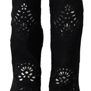 Dolce & Gabbana Black Stretch Pumps Boots Floral Lace Shoes