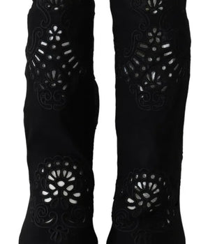 Dolce &amp; Gabbana Zapatos de tacón elásticos negros Botas Zapatos de encaje floral