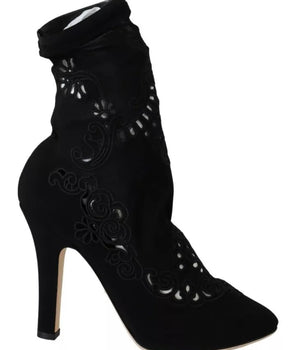 Dolce &amp; Gabbana Zapatos de tacón elásticos negros Botas Zapatos de encaje floral