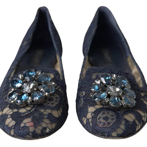 Dolce & Gabbana Blue Taormina Lace Crystals Flats Shoes