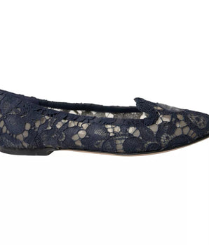 Dolce & Gabbana Dark Blue Taormina Lace Slip On Flats Shoes
