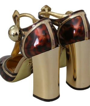 Dolce &amp; Gabbana Gold Leopard T-strap Pumps Sandals Shoes