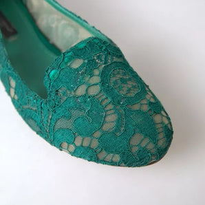 Dolce & Gabbana Green Floral Lace Loafers Flats Shoes