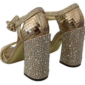 Dolce & Gabbana Gold Crystals T-strap Sandals Leather Shoes