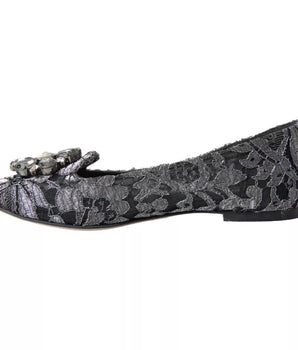 Dolce & Gabbana Gray Black Lace Crystal Ballet Loafers Shoes