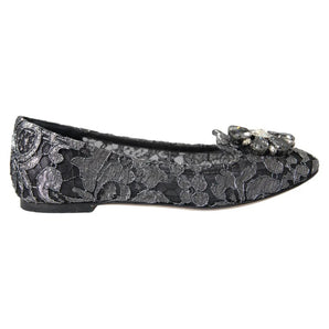 Dolce & Gabbana Gray Black Lace Crystal Ballet Loafers Shoes