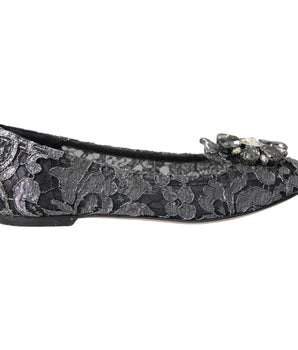Dolce & Gabbana Gray Black Lace Crystal Ballet Loafers Shoes