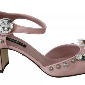 Dolce & Gabbana Pink Brocade Crystal Lily Ankle Strap Shoes