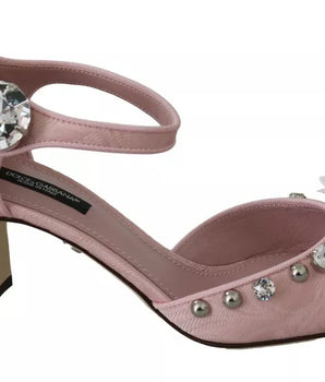 Dolce & Gabbana Pink Brocade Crystal Lily Ankle Strap Shoes