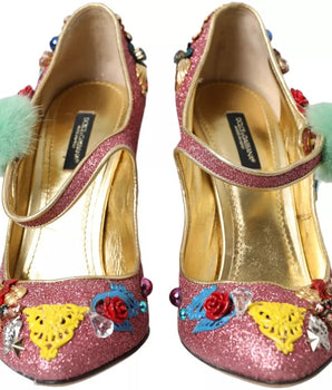 Dolce &amp; Gabbana Pink Embellished Fur Mary Jane Pumps Shoes