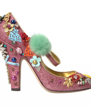 Dolce &amp; Gabbana Pink Embellished Fur Mary Jane Pumps Shoes