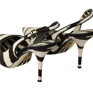 Dolce & Gabbana Black White Zebra Leather Heels Slingback Shoes