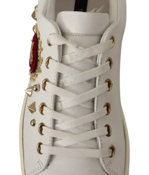 Dolce &amp; Gabbana White Leather Gold Red Heart Sneakers Shoes