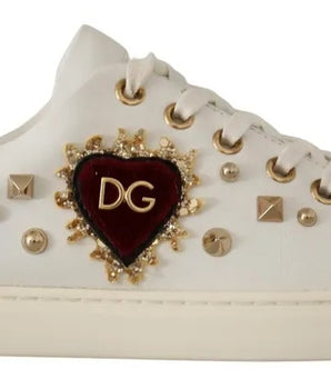 Dolce &amp; Gabbana White Leather Gold Red Heart Sneakers Shoes
