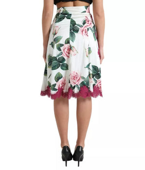 Dolce &amp; Gabbana White Rose Print High Waist Midi A-line Skirt