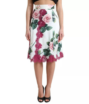 Dolce &amp; Gabbana White Rose Print High Waist Midi A-line Skirt