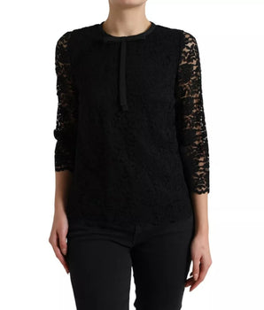 Dolce &amp; Gabbana Blusa de encaje floral negra Camiseta Staff Top