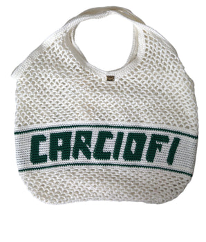Dolce &amp; Gabbana White Green Knitted Cotton Logo Shopping Tote Bag