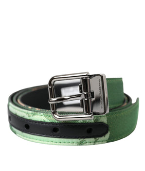 Dolce & Gabbana Green Leather Jacquard Silver Metal Buckle Belt