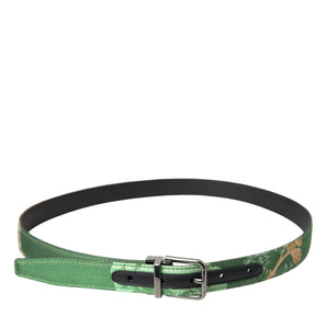 Dolce & Gabbana Green Leather Jacquard Silver Metal Buckle Belt