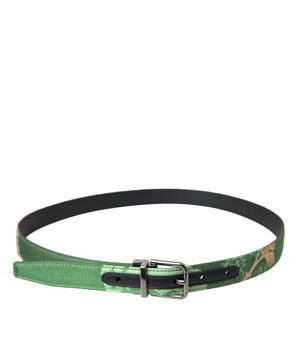 Dolce & Gabbana Green Leather Jacquard Silver Metal Buckle Belt