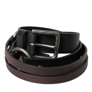 Dolce & Gabbana Black Brown Leather Silver Metal Buckle Belt