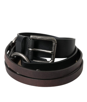 Dolce & Gabbana Black Brown Leather Silver Metal Buckle Belt