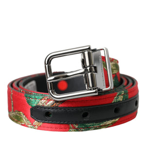 Dolce & Gabbana Red Leather Jacquard Silver Metal Buckle Belt