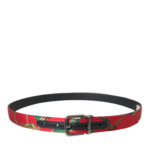 Dolce & Gabbana Red Leather Jacquard Silver Metal Buckle Belt